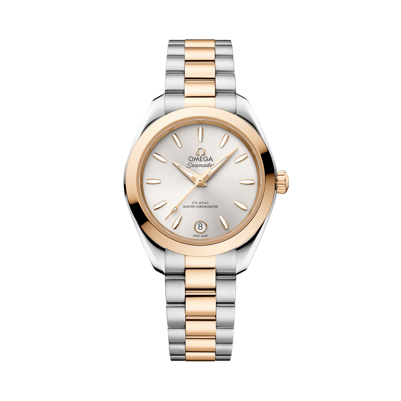 OMEGA Seamaster Aqua Terra 150M 30mm, Moonshine™ gold on steel, Moonshine™ gold Bezel, Silver Dial Watch with a Moonshine™ gold on steel integrated two-tone bracelet.